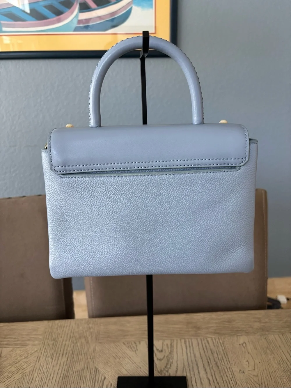 kate spade light blue satchel with pearls and gold studs